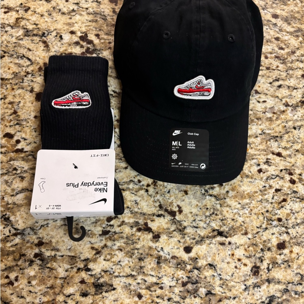 Nike Black Cap and Sock Duo with Red Accents with adjustable strap